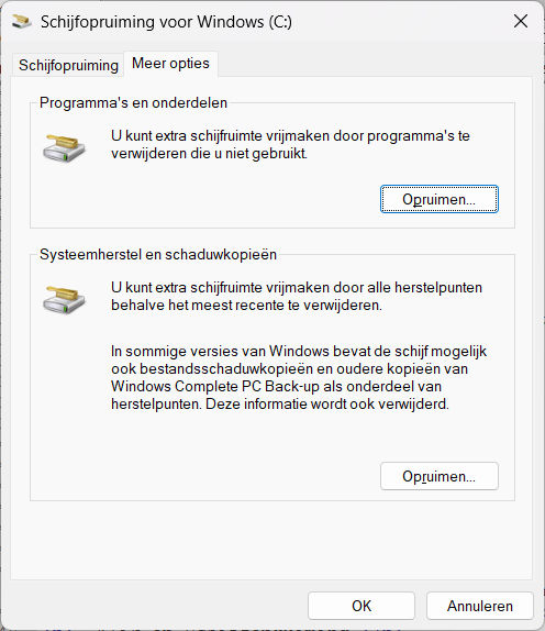 Windows venster Schijfopruiming: meer opties